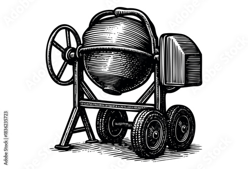 Vintage engraved illustration of a cement mixer — stock vector.