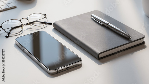 Workspace flat lay with smartphone notebook glasses and pen