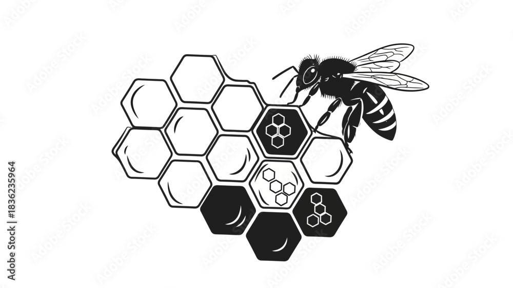 Fototapeta premium Honey bee on honeycomb illustration for organic food, natural health, and beekeeping projects
