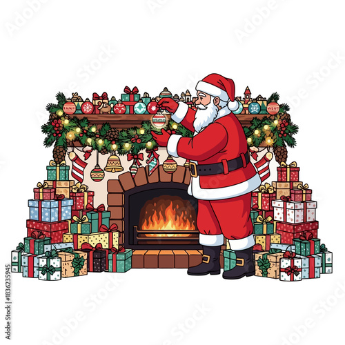 Santa Claus places the last glass bauble on a decorated Christmas mantelpiece in a warm, cozy 2D vector cabin scene, surrounded by holiday gifts.