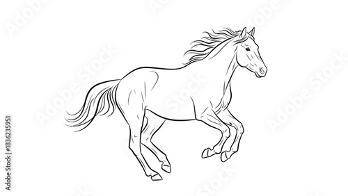 Galloping horse outline in black and white for coloring pages or creative design projects with simple elegance