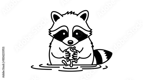 Cute raccoon illustration washing an apple for a sweet, wholesome, storybook design that kids will love