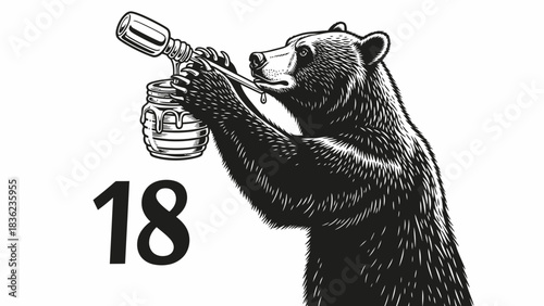 Vintage bear enjoying sweet honey with dipper and the number 18 for a unique design or logo element