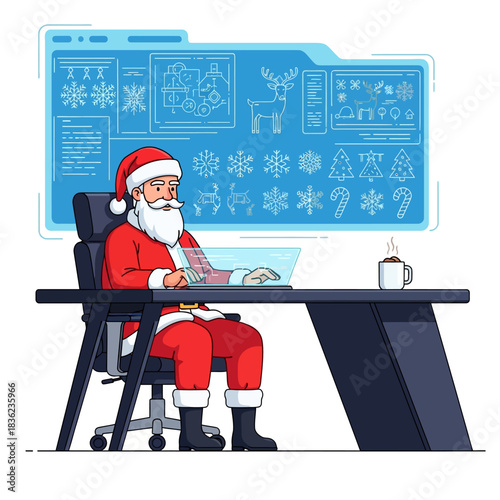 Cheerful modern Santa Claus reviews detailed digital blueprints for new seamless holiday patterns on a massive holographic screen above his ergonomic desk in this flat 2D vector illustration.