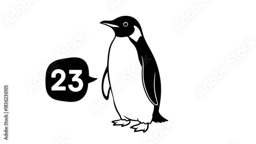 Charming penguin with speech bubble says twenty-three for playful designs and whimsical projects that need a touch of Antarctic fun
