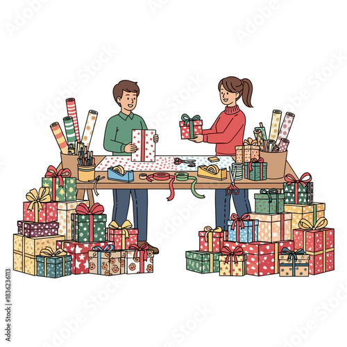 Two cheerful individuals operate a bustling Christmas gift wrapping station, surrounded by stacks of beautifully packaged presents in a vibrant flat 2D vector illustration.