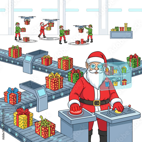Vibrant 2D flat vector scene: Santa Claus operates a futuristic automated conveyor belt in his modern workshop, sorting gifts and checking inventory while elves manage rapid drone deliveries.