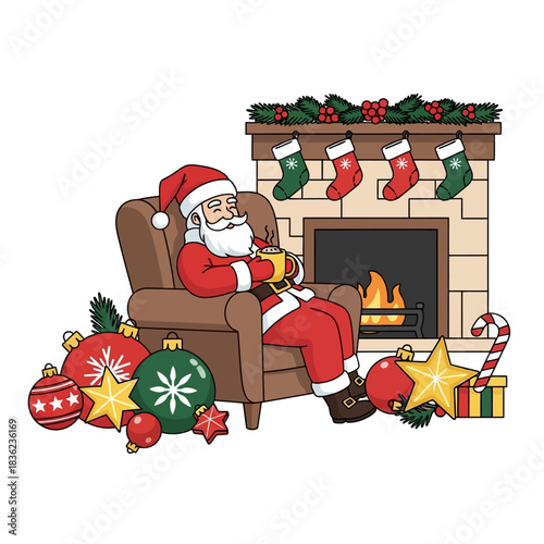 Sinterklas minum kakao di kursi berlengan dekat perapian nyaman dengan kaus kaki, lonceng, manusia roti jahe, dan tongkat permen dalam ilustrasi vektor datar 2D Natal.