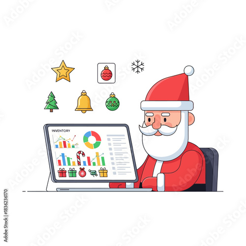Ilustrasi vektor datar 2D yang ceria menunjukkan karakter Sinterklas yang modern duduk di meja ramping dan meninjau data inventaris hadiah Natal di tablet besar dengan latar belakang putih.