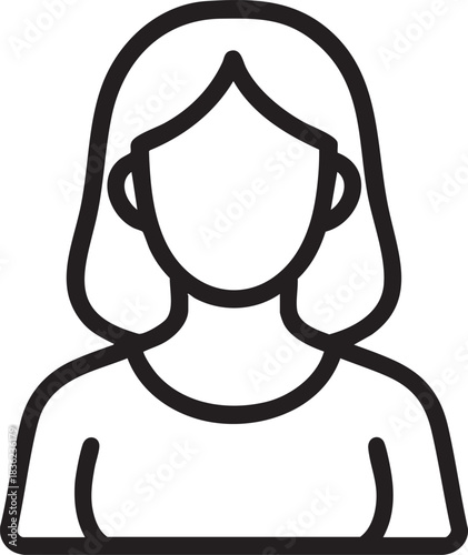 Simple black and white line drawing showcasing a female head and shoulders portrait with flowing hair