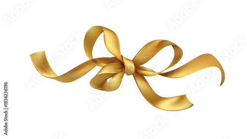 A beautifully rendered golden satin bow with flowing ribbons, perfectly tied, isolated for festive and luxurious gift decoration. background removed