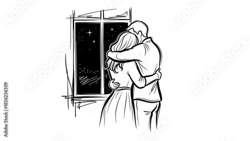 Couple embracing by the window under starry night in expressive sketch style, copy space