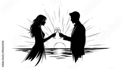 Romantic couple toasting with champagne glasses at sunset in artistic silhouette style, copy space