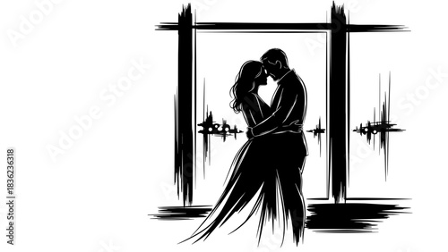 Romantic couple silhouette in front of a window in expressive brush stroke style, copy space