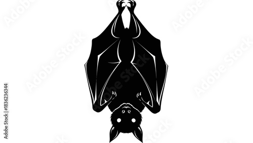 Creepy hanging bat silhouette for Halloween designs and spooky season promotions or gothic themed projects
