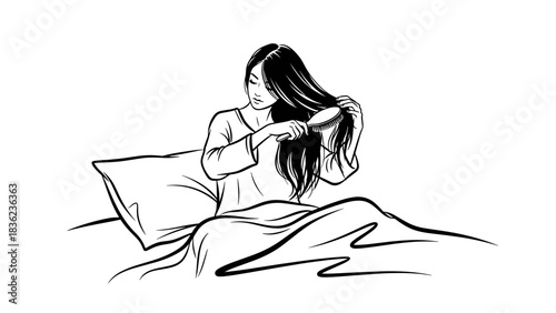 Woman combing her hair, cozy morning routine, relaxed atmosphere, beauty ritual, copy space