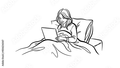 Girl using laptop in cozy bed 