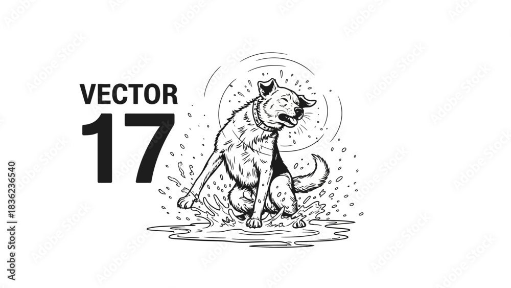 Fototapeta premium Playful dog splashes in a puddle, bringing joy and lightheartedness to any design project with a hand-drawn feel
