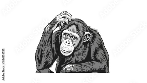 Thoughtful chimpanzee scratching head, showing confusion and contemplation, perfect for representing complex problem-solving situations