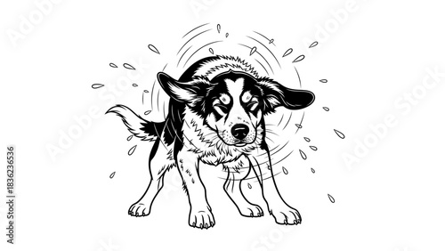 Adorable puppy shaking off water with a cute splash in a fun monochrome illustration ready for design projects