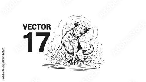 Playful dog splashes in a puddle, bringing joy and lightheartedness to any design project with a hand-drawn feel