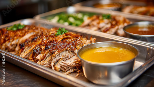 Succulent pulled pork with savory sauces served on a catering tray