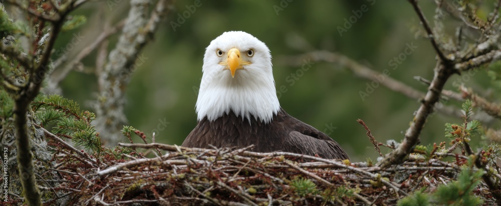 Fototapeta premium Bald eagle perched on its huge home up high in the tree.