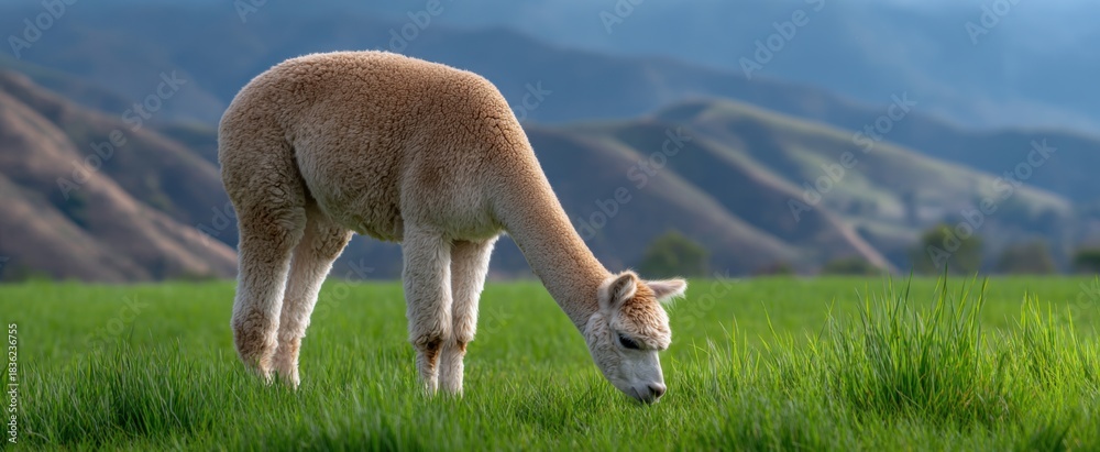 Fototapeta premium Alpaca savoring calm joy while grazing gently in the lush green pasture field