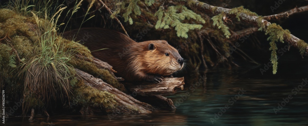 Fototapeta premium Beaver chewing a wood fragment near the riverbank.