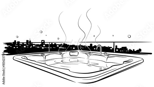 Rooftop jacuzzi at night with city lights, Inviting hot tub, steam rising, serene ambiance, night skyline view
