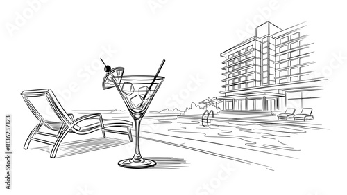 Poolside cocktail with hotel in background, in a minimalistic style, black and white, concept art