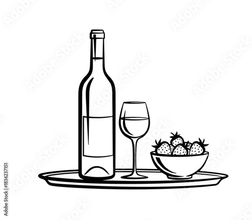 Room service tray with wine and strawberries, in a minimalistic style, black and white, concept art