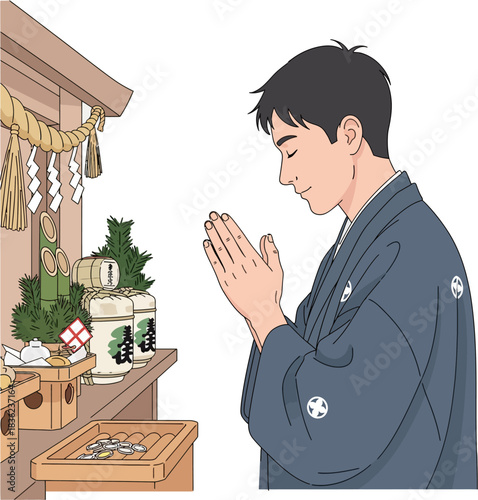 Japanese Man in Kimono Praying at Shinto Shrine for Hatsumode New Year Tradition – Cultural Religion Ceremony Vector Illustration