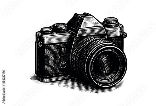 Vintage engraved illustration of a photo camera — stock vector.