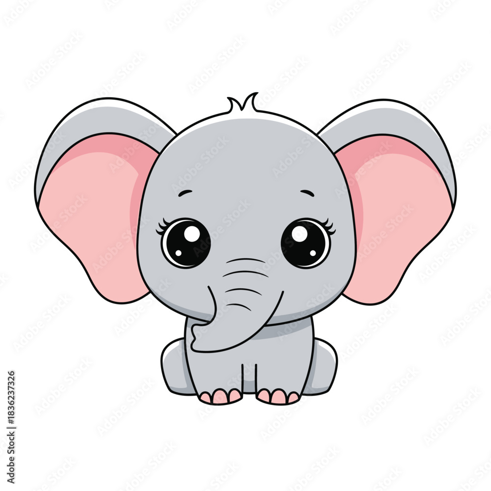Fototapeta premium Adorable Baby Elephant Cartoon Character with Big Eyes and Ears.