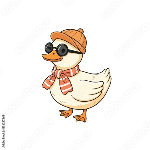 Duckling with Glasses and Scarf: A Charming Cartoon Illustration.