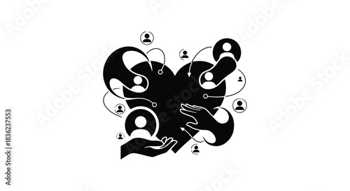 Hands nurturing a heart surrounded by interconnected people, symbolizing community and care.