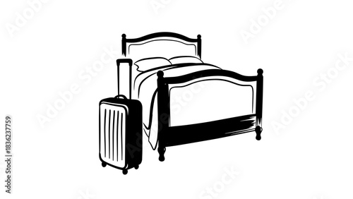 Classic bed with a suitcase next to it, in a minimalistic style, black and white, concept art
