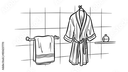 Tiled bathroom with towels and robe, Cozy bathrobe hanging in a bathroom next to a towel and toiletries, inviting atmosphere, line art illustration
