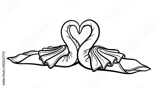 Towel swan decoration on hotel bed, romantic ambiance, line art illustration, copy space