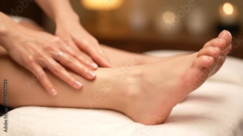 Wallpaper Mural Close up of a person receiving a relaxing foot massage with warm oil on a white towel in a softly lit room with blurred bokeh background details Torontodigital.ca