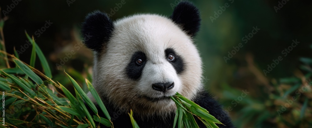 Naklejka premium Panda feeds on fresh bamboo stalks within its natural habitat.