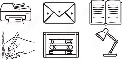 Office and study essentials vector icon set: printer, mail, book, writing hand, bookshelf, and desk lamp in clean line art style



























