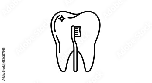 Tooth and toothbrush line art icon symbolizing dental hygiene and oral care