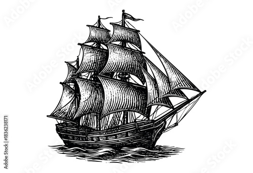 Vintage engraved illustration of a sailing ship — stock vector.