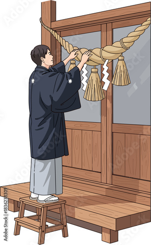 Japanese Shinto Shrine Preparation for Shogatsu – Man Hanging Shimenawa Sacred Rope Ornament New Year Decoration Vector Illustration