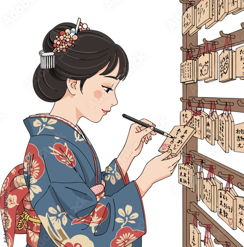 Japanese New Year Shogatsu Girl Writing Ema Wooden Wish Plaque at Shinto Shrine – Kimono Winter Hatsumode Prayer Vector Illustration