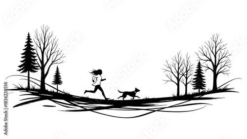 Woman running with dog in forest 