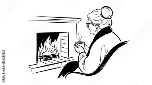 Elderly woman, cozy, enjoying tea by the fireplace, in a minimalistic style, black and white, concept art