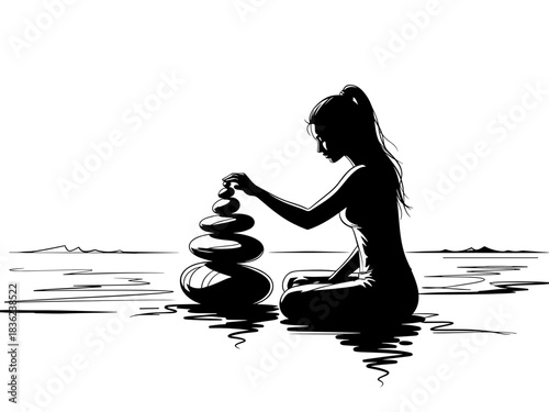 Woman stacking small stones on the beach for zen, peaceful ambiance, line art illustration, copy space